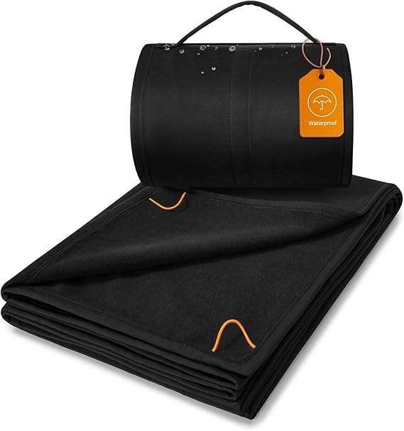 BEDELITE Waterproof Packable Lightweight Camping Blanket | 315GSM fabric,polar fleece,2.75lb,55*80 twin,wearable,for camping stadium outdoor events,OEKO-TEX,machine washable,black
