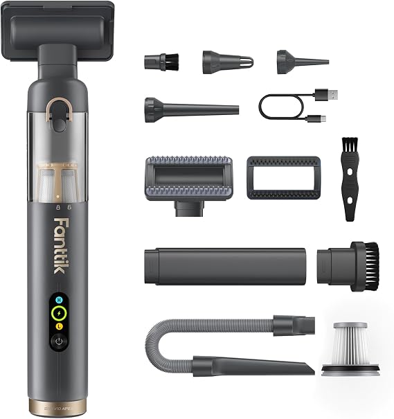 Fanttik Slim V10 APEX Cordless Car Vacuum, 4-in-1 Portable Mini Handheld Vac, Upgraded Smart Digital Display, 19kPa Suction Power, 2 Suction Modes for Small Jobs, Car, Office Desk, Keyboards (Gray)