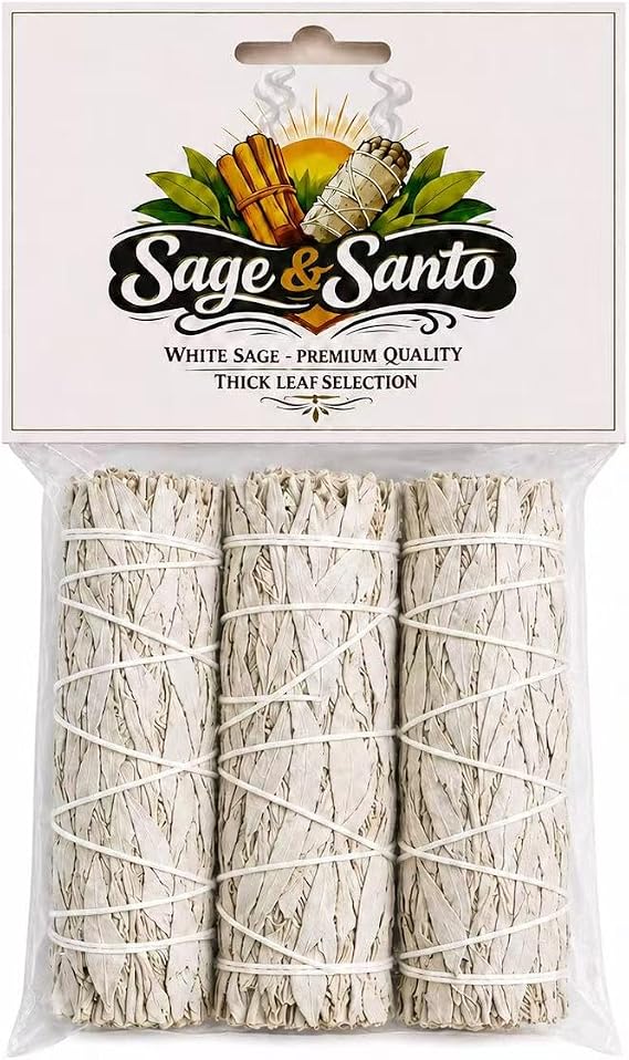 Sage & Santo White Sage Smudge Sticks Bulk, 3 Pack California 4 inch White Sage Incense Bundles for Home Cleansing, Energy Clearing, Meditation, Yoga, and Spiritual Rituals