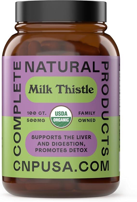 Complete Natural Products Pure Organic Milk Thistle Capsules - 500 mg Silymarin Powder 100 Pills | Organic Milk Thistle Capsules With 500Mg Silymarin Powder For Liver Health, Detox & Antioxidant Support; Vegan, USA Made