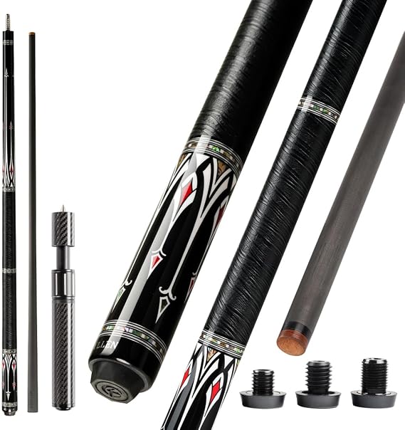 KONLLEN AS Carbon Fiber Inlay Abalone Shell Pool Cue Stick 12.5mm Leather Wrap Real Inlay Handmade Low Deflection Billiard with Extension with 3 Bumpers
