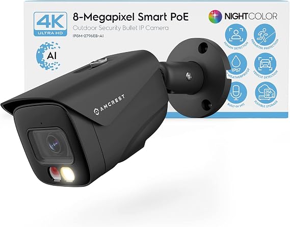 Amcrest UltraHD 4K (8MP) IP PoE AI Camera, FOV 129, 49ft Color Nightvision, Security Outdoor Bullet Camera, Human & Vehicle Detection, Active Deterrent, 4K @15fps, IP8M-2796EB-AI (Black)