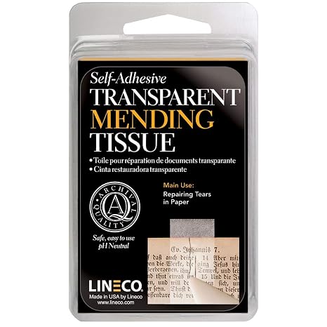 Lineco Self-Adhesive Mending Tape, 0.5 Inch X 12 Feet, Transparent | Non-Yellowing, Neutral pH, Used for Repairing Paper, Book Pages, Maps, Photos, Printed and Artwork