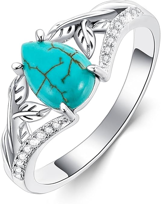 Real Turquoise Rings Jewelry for Women 925 Sterling Silver Leaf with Genuine Teardrop Gemstone Anniversary Ring with CZ for Her Wife