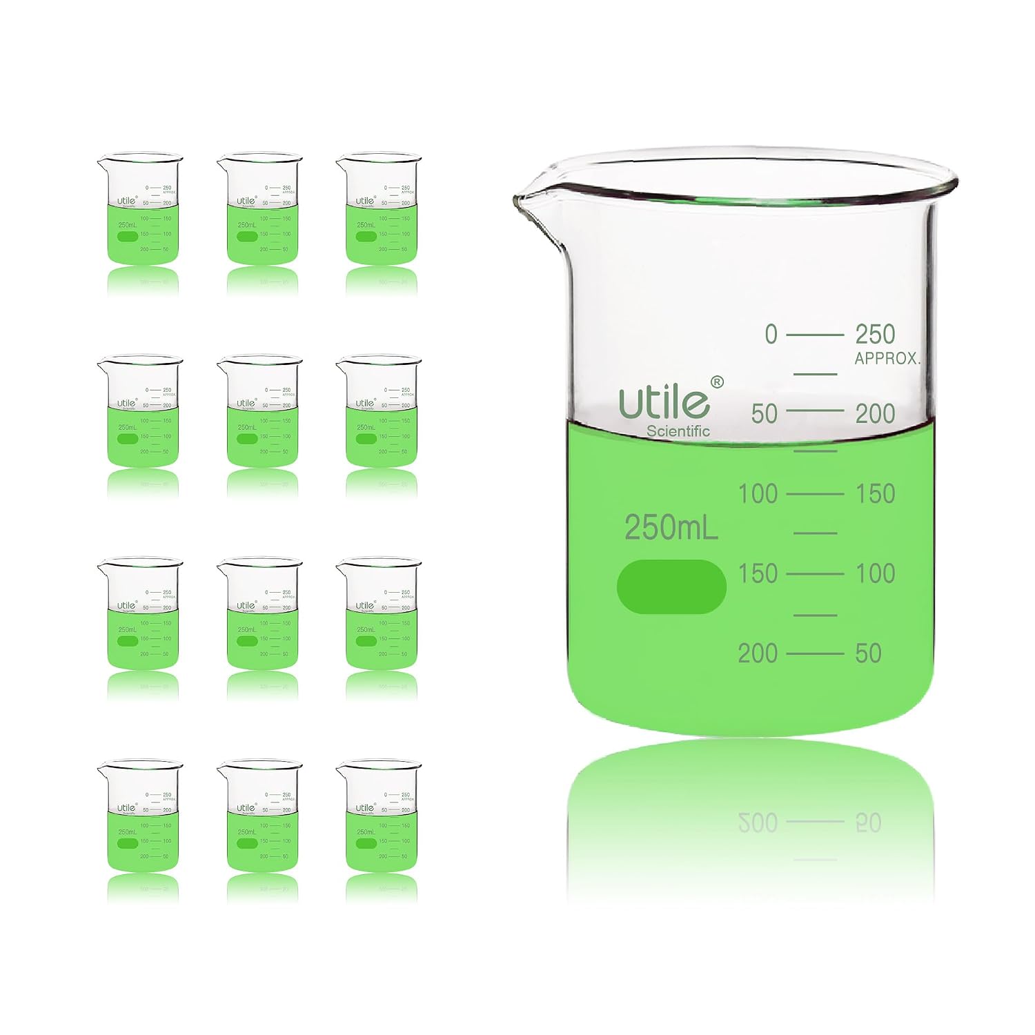 Utile 12 Pcs Glass Beaker Set, Vol.250ml Beakers, Glass Beaker with Double Scale Printed Graduation, 4000.0250.12-X