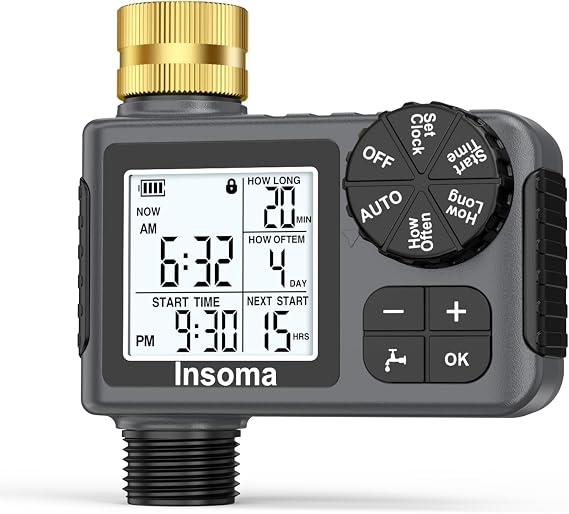 Sprinkler Timer with Brass Inlet & Outlet, Water Timer for Garden Hose with Auto/Manual/Rain Delay Mode, Easy Setup Hose Timers for Lawn, Garden, Vacation Watering,1 Outlet