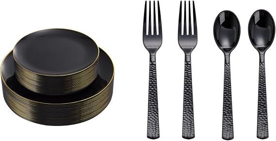 400PCS Black Plastic Spoons and Forks Disposable 60PCS Black Plastic Plates