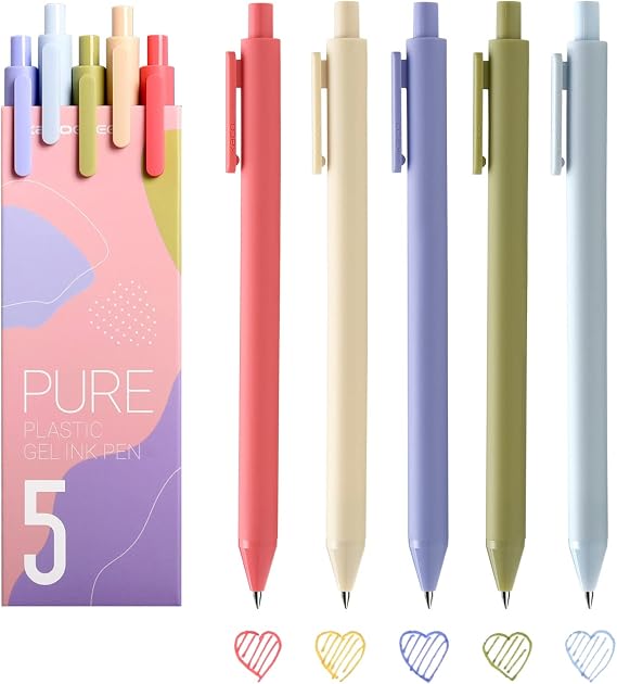 Kaco Pack of 5 Pieces Colored Ink Pens Retractable Cute Pens for Note Taking 0.5mm Fine Point (Morandi II)