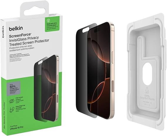 Belkin ScreenForce InvisiGlass iPhone 17 + iPhone 16 Pro ekran koruyuculu koruyucu folyo, çizilmez, konumlandırma kılıflı ekran koruyucu folyo, kabarcıksız takma, cam koruması, geri dönüştürülmüş cam