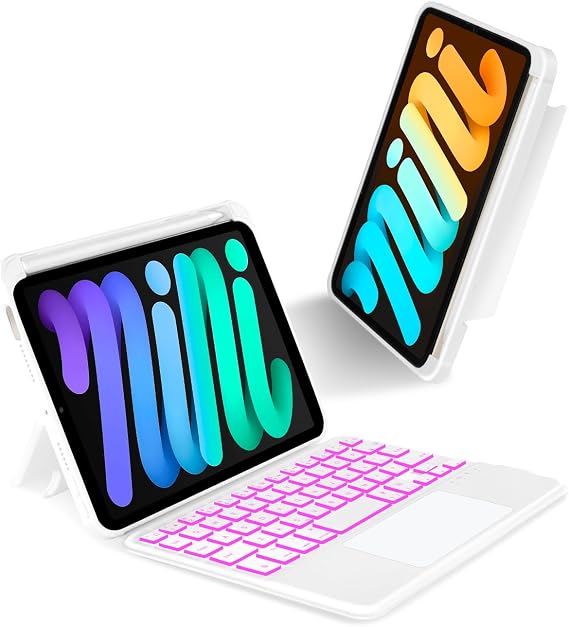 EAMPANG Case with Trackpad Keyboard for iPad mini 7th(A17 Pro, 2024)/6th | Generation 8.3 inch,7-Color Backlit Wireless Keyboard Magnetic Detachable Multi-Angle Stand Cover for iPad mini 6 7 White