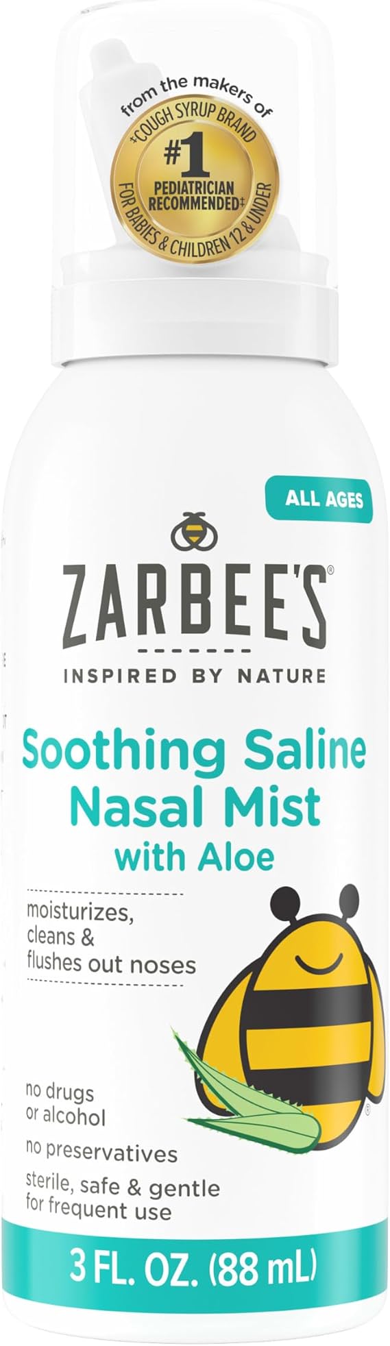Zarbee's Soothing Saline Nasal Mist with Aloe, 3 fl oz | For Ages 0+ Months, Saline Spray, Clears Out & Moisturizes Noses, Loosens Mucus, Clears Nasal Passageways, Drug-Free