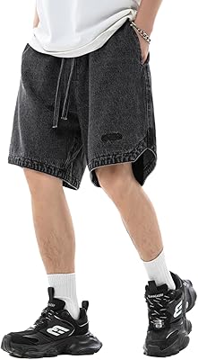 Mens Loose Denim Shorts Embroidered Baggy Casual Wide Leg Mid Jean Shorts Hip Hop Shorts with Pockets Streetwear