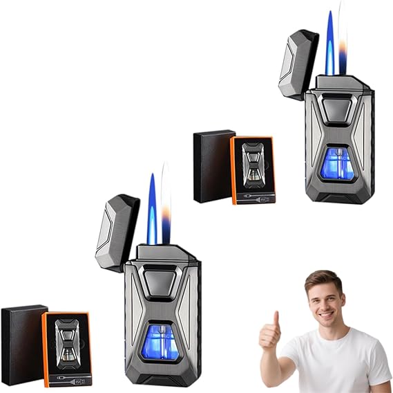 Voice-Activated Dual Flame Lighter (Butane Not Included) | USB Rechargeable Windproof Refillable with Visible Window, 3-in-1 Smart Ignition, Intelligent Voice-Activated Induction Lighter (2pcs-1)