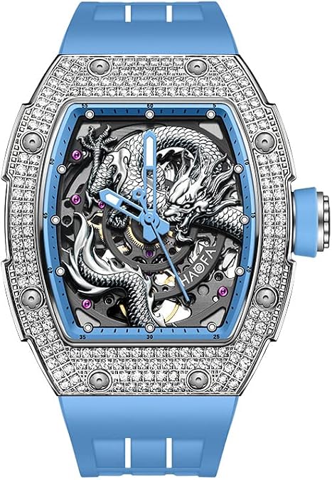 Haofa Skeleton Mechanical Watch for Men 80H Power Reserve 3D Carved Dragon Dial Diamond Case Sapphire Waterproof Luminous Automatic Watch Luxury Mens Watch 1968S