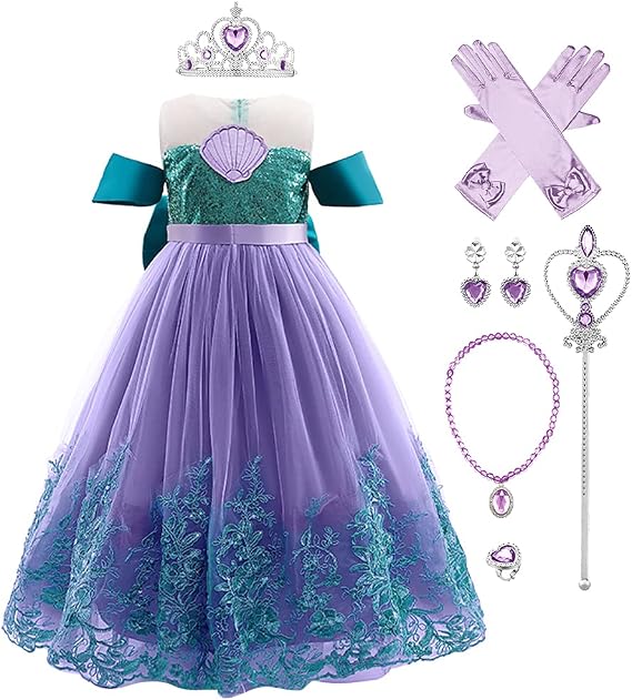 Kids Girls Little Mermaid Costume Ariel Princess Fancy Dress Up Birthday Party Halloween Christmas Carnival Cosplay Dresses + Crown + Jewelry Fairy Tales Outfit Set Green+Purple 4-5 Years