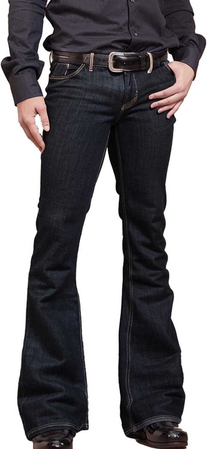 Mens Vintage Relaxed 70s Style Flared Bell Bottom Demin Jeans Stretch Mid Rise Elastic Jeans Classic Comfort Denim Pants