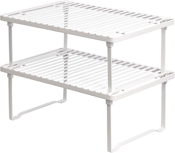 Amazon Basics Space-Saving Stackable Metal Kitchen Cabinet Organizer Shelves for Dishes, Pantry Organization, 12.5" L x 8" D x 4.5" H, Set of 2, White