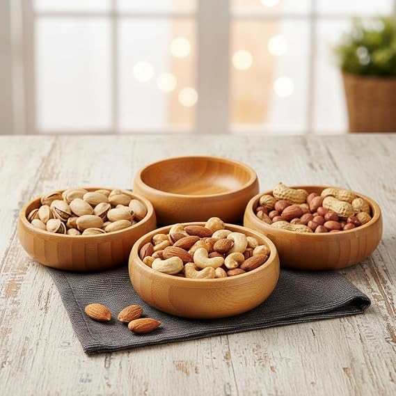 Deconox 4-Piece Round Bamboo Snack Bowl - Natural Bamboo Presentation Bowl, Olive Grove and Breakfast Presentation | Multi-Purpose Durable and Stylish Design