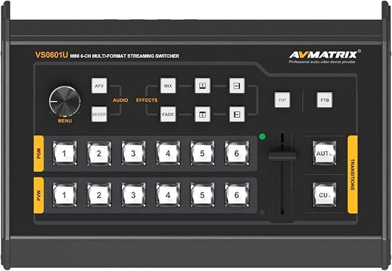 AVMatrix VS0601U 6-Channel SDI/HDMI Multi-Format Mini AV Switcher; USB Streaming; T-Bar, Auto, and Cut Transitions; Mix/Fade/Wipe Effects; Input up to 1080p Video via HDMI; 3.5mm and RCA Audio Input/O