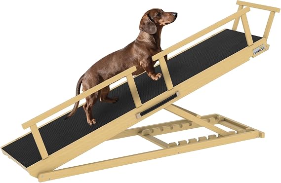 Dog Ramp for Bed - 7-Level Adjustable (13"-37") Birchwood Dog Ramp for High Bed, Couch, 60" Foldable with Rails for Large Dogs, Non-Slip EVA Mat, DIY Glow Strips, Wooden Ramp Support 200 Lbs