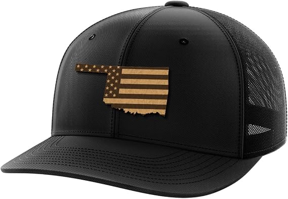 Greater Half Oklahoma Leather Patch Trucker Hat USA Made Adjustable Snapback Mesh Cap United 6-Panel Mid Profile
