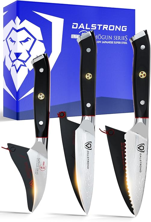 Dalstrong 3-Piece Paring Knife Set 3.5" Paring, 3" Bird's Beak & 3.5" Serrated AUS-10V Damascus, 62+ HRC For In-Hand Peeling, Garnish & Detail Work G10 Handles, Shogun ELITE, customer support