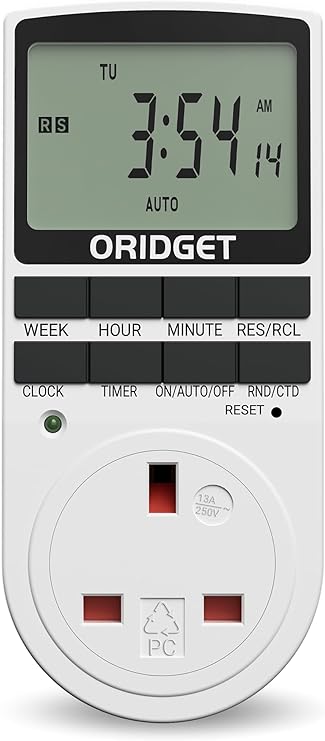 ORIDGET Digital Electrical Timer Plug Socket UK with 18 On-Off Programs, Countdown and Security Random Mode for Lights and Home Appliances, 24 Hour Weekly Programmable (13A / 2900W) (1 PACK)