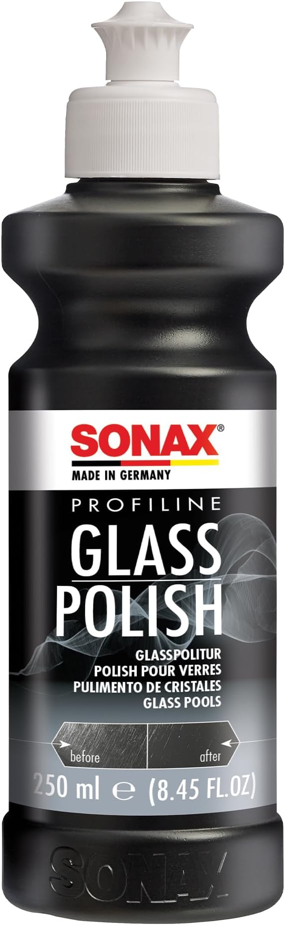 SONAX PROFILINE GlassPolish (250 ml) - removes slight scratches, blinding and etching from car windows made from glass. Silicone free | Item No. 02731410 | For removing slight scratches, blinding and etching from windscreens and side windows made from glass.