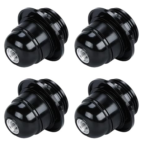 E27 Lamp Holder Black 4-Pack - Bakelite Edison Screw Bulb Holder with 10mm Threaded Entry & Shade Ring for Table, Ceiling, Pendant Light Fittings