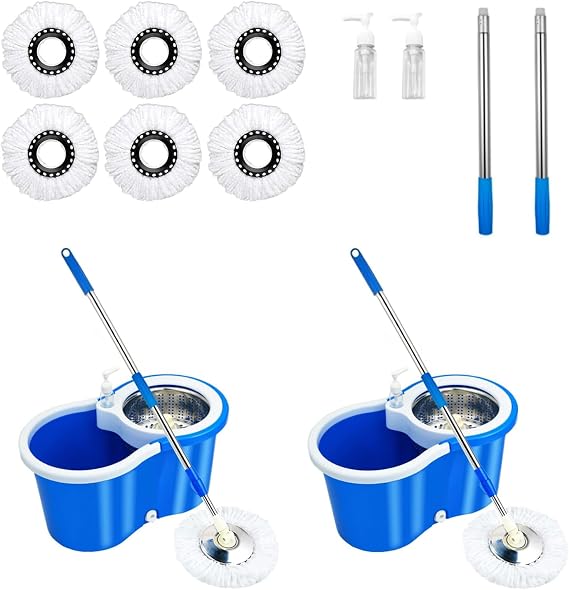 2 Mop and Bucket Set,Spin Mop and Bucket with Wringer,for Floor Cleaning,with Adjustable Stainless Steel Handle,soap Dispenser and 6 Microfiber Mop Heads (Blue)