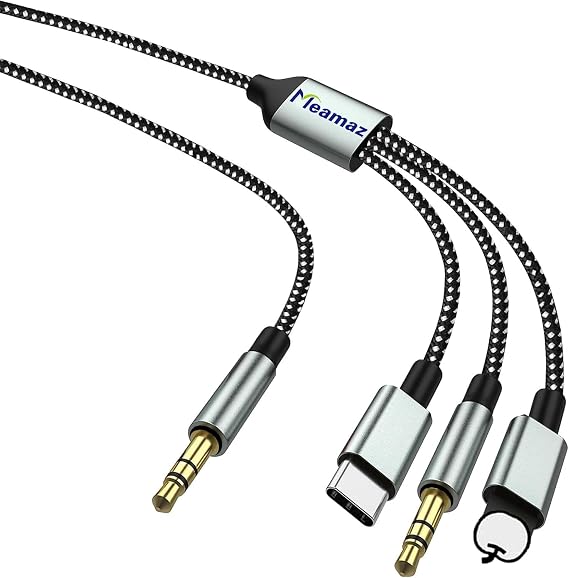 Yıldırım 3.5mm, Tip C - Aux, 3.5mm - USB C, 3.5mm Yıldırım Adaptörü Naylon Aux Kablosu, Tip C - 3.5mm Jack Kablosu Telefon Arabaları, Hoparlörler için Uyumlu (3'ü 1 arada, Siyah 6.56FT/2M)