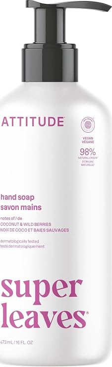 ATTITUDE Liquid Hand Soap, EWG Verified, Plant and Mineral-Based, Vegan Personal Care Products, Coconut & Wild Berries Scent, 473 mL