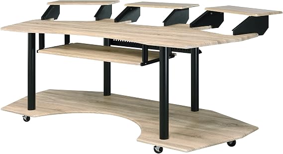 Acme 83" Music Recording Studio Computer Gaming Desk with Wood Storage Keyboard Tray, Wing Shaped & 3 Stands Tray & Botton Shelf Metal Frame, Casters Included, Easy Assembly, Natural Oak Finish