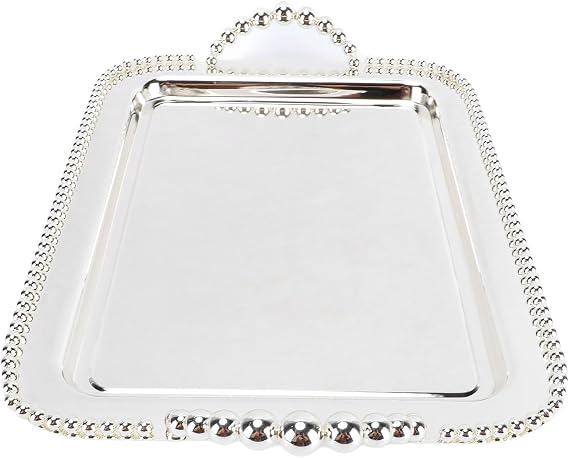 Rectangular Mirror Platter with Beaded Handles | Gold Metal Serving Tray for Party Decor Jewelry Display (Silver)