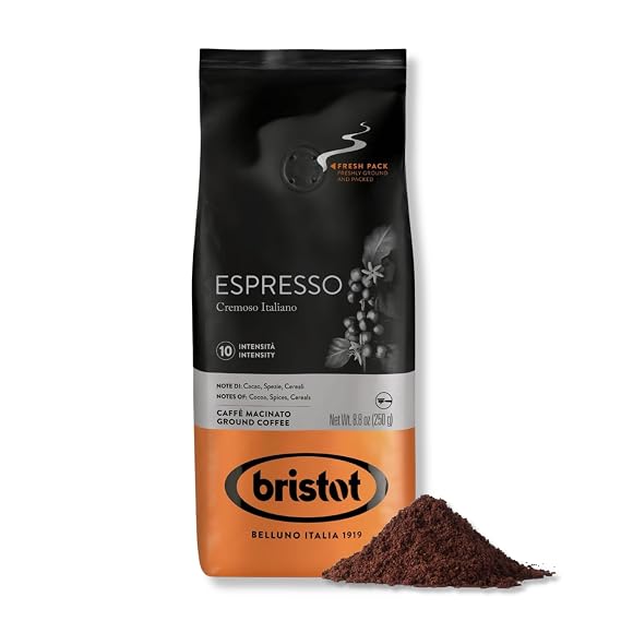 Bristot Espresso Cremoso Italiano Ground Coffee Medium Roast, Rich & Smooth 8.8oz (250g) Bag Italian Ground Espresso for Home Machines