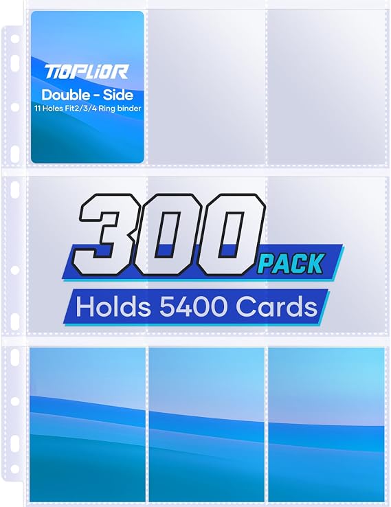 Tioplior 300 Pack Trading Card Sleeve Pages,9 Pockets Double Sided Binder Sheets for 3 Ring Binder,Hold 5400 Cards Fit for MTG,TCG,Baseball,Sports Standard Cards
