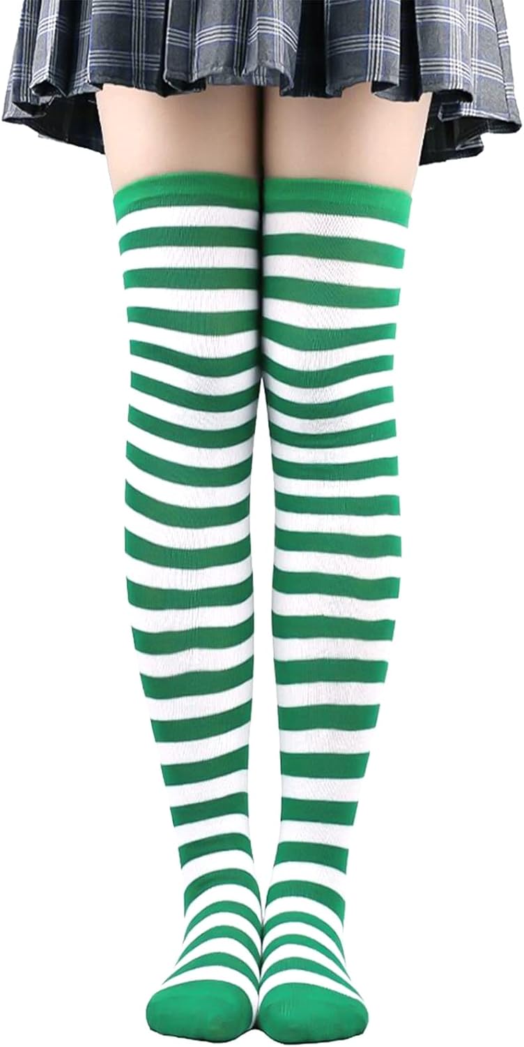 CABAX Over Knee Striped Socks Novelty Costume Opaque Long Thigh High Socks for Women Girls for Holidays Saint Patrick Day, Green