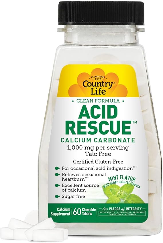 Country Life Acid Rescue Calcium Carbonate 1,000 mg, Mint, 60 Chewables