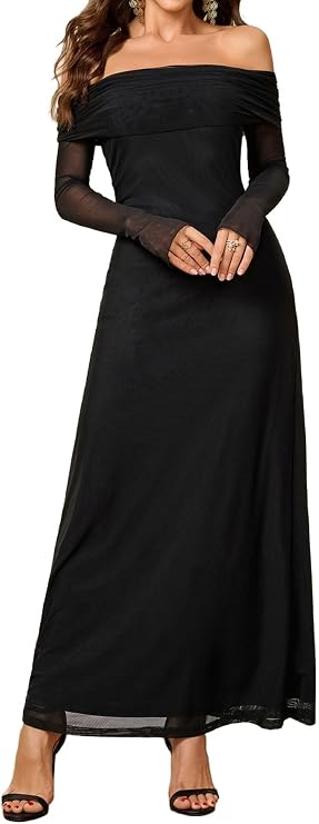 Colysmo Women Long Sleeve Mesh Off Shoulder Bodycon Maxi Dress Formal Wedding Guest Fall Dresses for Women 2025