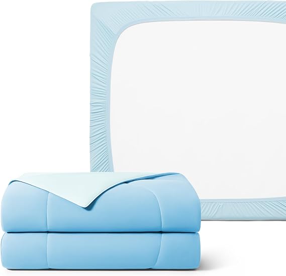 REST Buy 2 GET 30 Percent Off: Evercool Comforter Plus Fitted Sheet Bundle at 30% Discount, in Light Blue, TwinXL Size