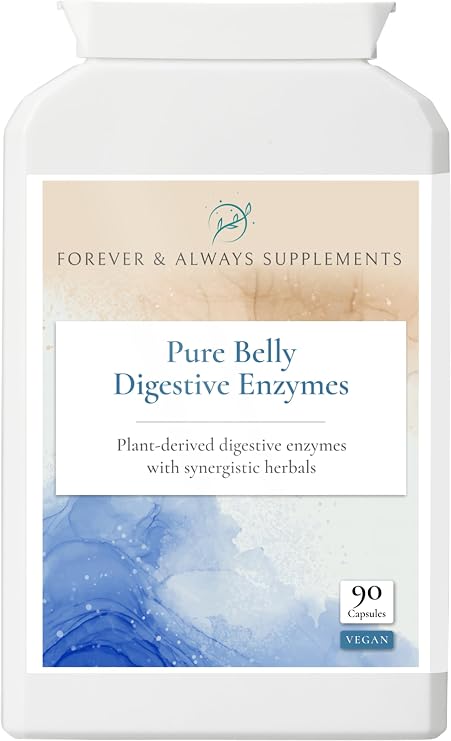 Pure Belly Digestive Enzymes, Plant Complex, High Strength Vegan Capsules, Gut Health and Bloating Support, with Turmeric, Peppermint, Apple Cider Vinegar Powder, Forever & Always Supplements