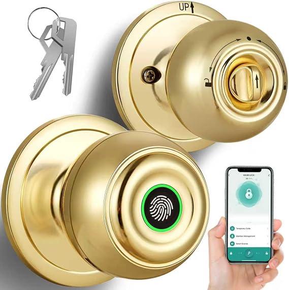 Smart Door Knob with Lock,Keyless Entry Fingerprint Door Lock,Bright Brass