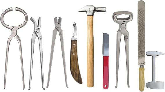 Horse Farrier Tool Kit 9 Piece Complete Hoof Care Set with Hoof Nippers, Hoof Knife, Rasp, Clincher, Puller, Hammer & Grooming Tools Professional Equine Hoof Trimming & Shoeing Kit for Farriers
