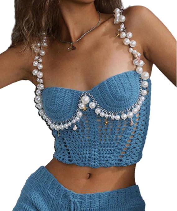 Women's Sexy Pearl Crochet Crop Tops Hollow Out Strapless Cami Summer Beach Halter