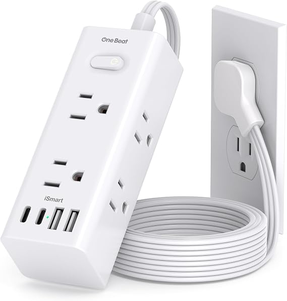 5Ft Extension Cord with Multiple Outlets, Flat Plug Power Strip Surge Protector with 5 Ft Long Cord, 6 Outlet 4 USB Ports (2 USB C), Multi Outlet Wall Plug for Travel, College, Dorm Room Essentials