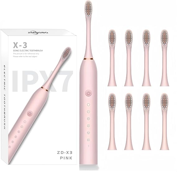 JIMBOBO Electric Toothbrush for Women Girls USB Rechargeable Ultra Sonic Toothbrushes with 8 Brush Heads 42,000 VPM Whitening 6 Cleaning Modes 2 Min Smart Timer 2-Hour Fast Charge for 60-Days (Pink)
