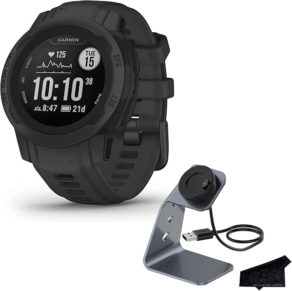 Garmin Instinct 2S Standard Edition, Smaller-Sized GPS Rugged Outdoor Smartwatch, Graphite | Heart Rate Monitor, Built-in Sport Apps, Up to 21 Day Battery Life with Signature Series Charging Bundle