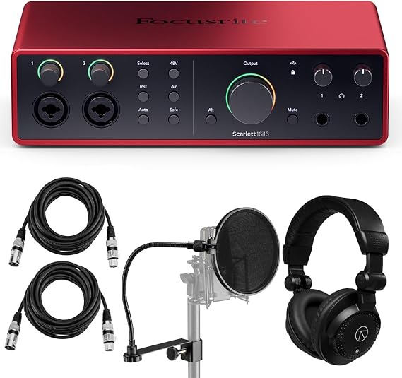 Focusrite Scarlett 16i16 4th Gen USB Audio Interface with Software Suite, Bndle With Turnstile Audio Headphones, Pop Filter, 2x XLR M to F Cable 10'