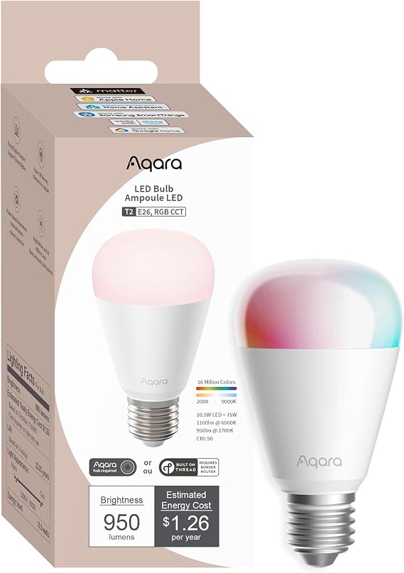 Aqara Thread/Zigbee Smart LED Light Bulb T2 E26, Tunable White(2000K-9000K) | RGB Color Changing Light Bulb with 16 Million Colors, 75W Equivalent, Matter, Works with HomeKit, Alexa, Google