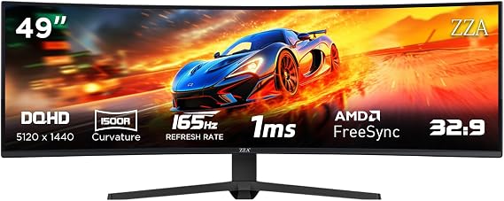 ZZA 49 Inch Ultrawide Curved Monitor, 120Hz Refresh Rate, 32:9 Dual QHD 5120x1440 Resolution, 1500R Curvature, 120% sRGB Color Gamut, Height Adjustable Stand, HDMI 2.1, DisplayPort 1.4